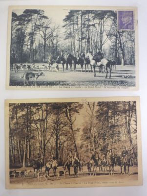 two old black and white photos of horses and people in a wooded area