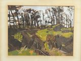 l'image d'une peinture d'un champ avec des arbres en arrière-plan