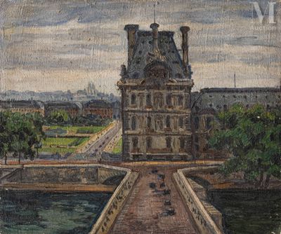painting of a bridge leading to a building with a clock tower in the background