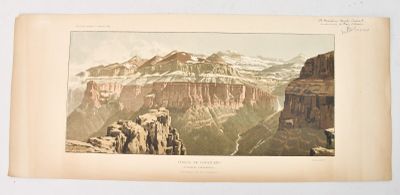 une vieille gravure représentant une vue du Grand Canyon depuis le sommet d'une montagne