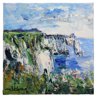 a painting of a cliff overlooking the ocean with flowers in the foreground