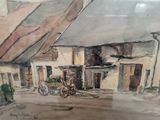 a painting of a horse drawn carriage in front of a building