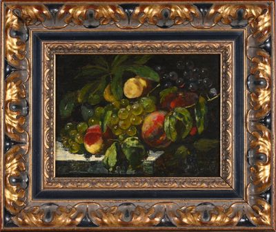 une peinture à l'huile représentant des fruits posés sur une table, dans un cadre doré