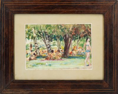 framed watercolor painting of a woman and a dog in a park