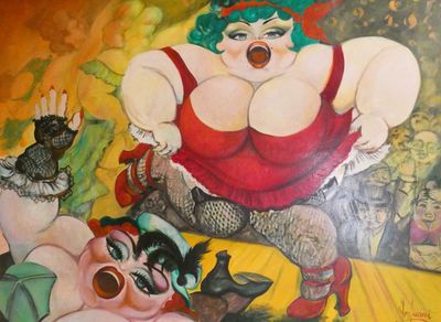 un tableau représentant une femme en robe rouge et des chats