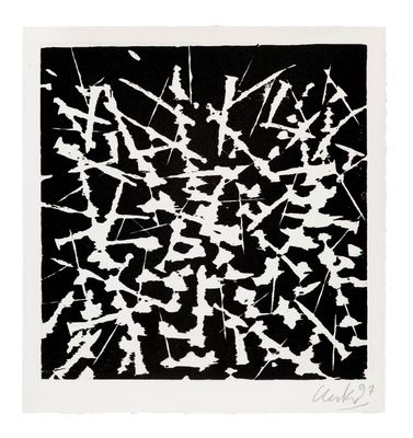 an image of a black and white painting with white paint on it