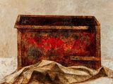 an oil painting of a box with a cloth on the ground