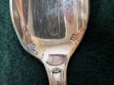 a silver spoon that is on a green surface