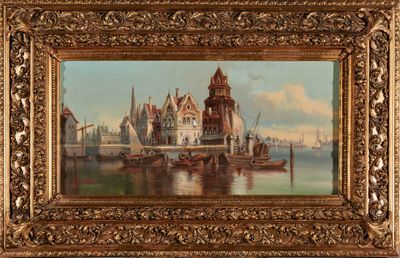 tableau représentant une vue de ville avec des bateaux sur l'eau