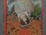 an old book with a picture of a man in front of a globe