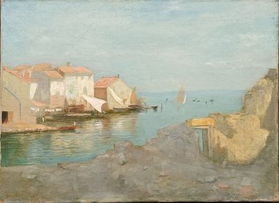 une peinture représentant une scène portuaire avec des bateaux dans l'eau