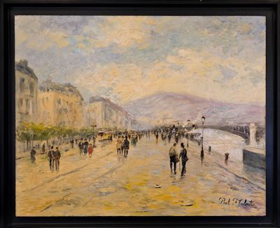 a painting of people walking on the beach by the water