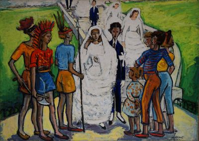 un tableau représentant un groupe de personnes debout ensemble