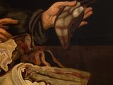 an oil painting of a man holding a piece of bread
