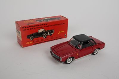 une petite voiture rouge posée à côté d'une boîte rouge