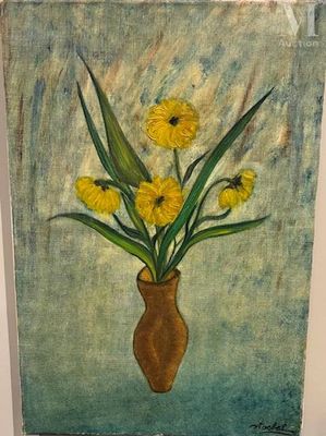 un tableau représentant un vase contenant des fleurs jaunes