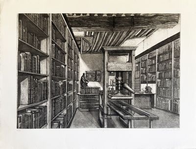 un dessin en noir et blanc représentant une bibliothèque avec des étagères
