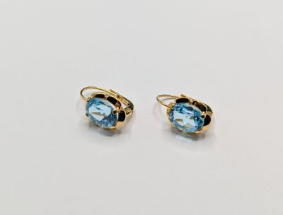 a pair of blue topaze earrings on a white surface