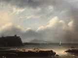a painting of people on a rocky beach by the water