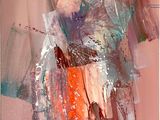 peinture abstraite représentant un vase orange et bleu sur fond rose