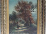 une peinture à l'huile représentant une femme promenant son chien sur un sentier