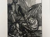 a black and white drawing of a man and a cat