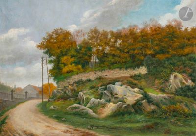 un tableau représentant un chemin de terre qui monte vers une colline