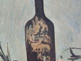 a painting of a bottle of wine and a plate of food