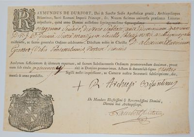 un ancien document sur lequel figure le dessin d'un blason