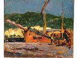a painting of a boat in the water with people on it