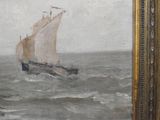 painting of a sailboat in a rough ocean with a white sail
