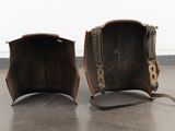 pair of antique leather baseball mitts with chain handles