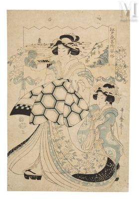 un tableau représentant une femme en kimono et une femme en kimono