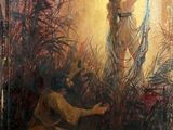 une peinture à l'huile représentant une femme agenouillée dans l'herbe, avec un homme agenouillé à ses côtés