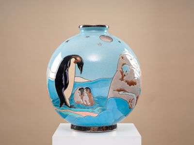 LONGWY "ANTARTICA" Vase boule coloniale en faïence émaillée …