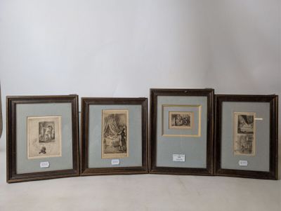 four framed pictures of a man and a woman in front of a white wall