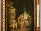 un tableau représentant un homme et une femme assis sur un banc dans un parc