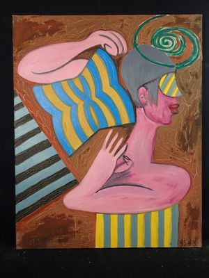 painting of a man with a hat on his head and a striped towel on his head
