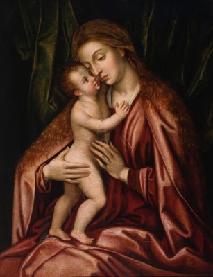 une peinture représentant une femme tenant un bébé sur ses genoux