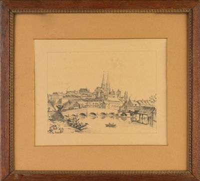 une image représentant un dessin d'une ville avec une rivière au premier plan