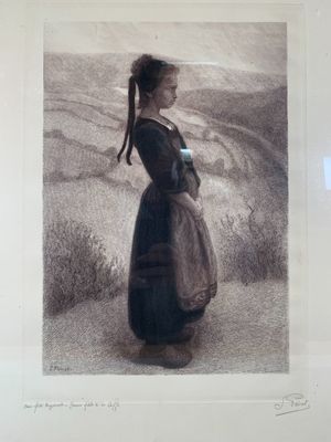 drawing of a woman in a black dress standing in front of a mountain