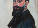 une peinture à l'huile représentant un homme barbu vêtu d'une veste noire