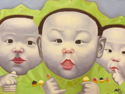 un tableau représentant trois bébés en train de se brosser les dents devant un miroir