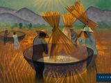 a painting of a group of people working in a field