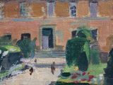 an oil painting of a building with a fountain in front of it