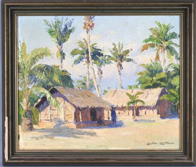 an oil painting of a village with palm trees in the background