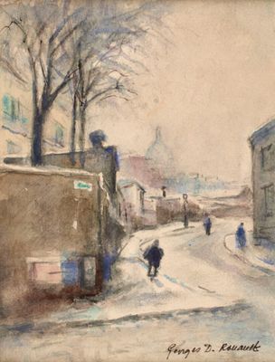 painting of a snowy street scene with people walking down the street