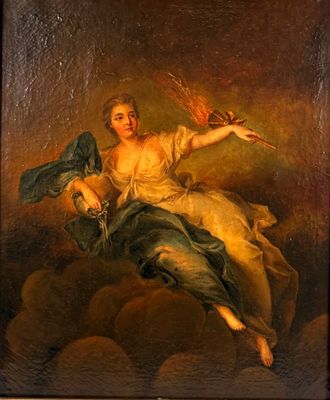 une peinture à l'huile représentant une femme tenant un oiseau dans la main