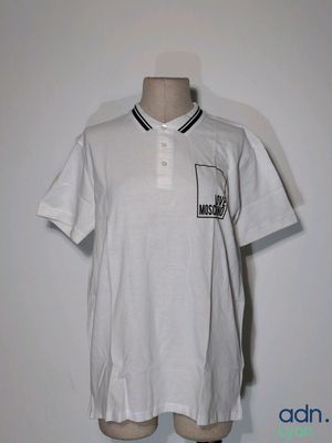 a white polo shirt with a black and white stripe on the collar