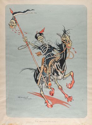 illustration représentant un squelette à cheval, avec une faux sur le dos